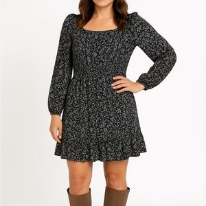 Alice CO Black Floral Midi Dress | Size M | Smocked Waist Long Sleeve